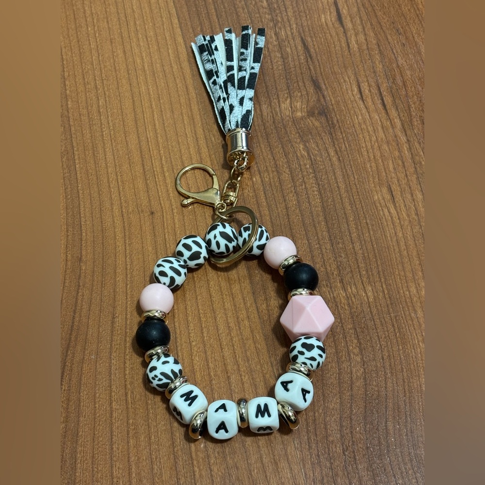 NEW MAMA Black Cow Print Beaded Keychain Bracelet